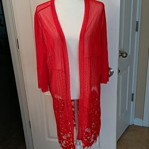 Red mesh and lace kimono